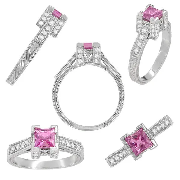 Art Deco 3/4 Carat Princess Cut Pink Sapphire and Diamond Castle Engagement Ring in 18 Karat White Gold